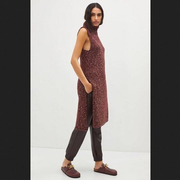 Anthropologie XS Bordeaux Red Flowy Maxi Tunic Sweater Turtleneck Sleeveless - Picture 13 of 15
